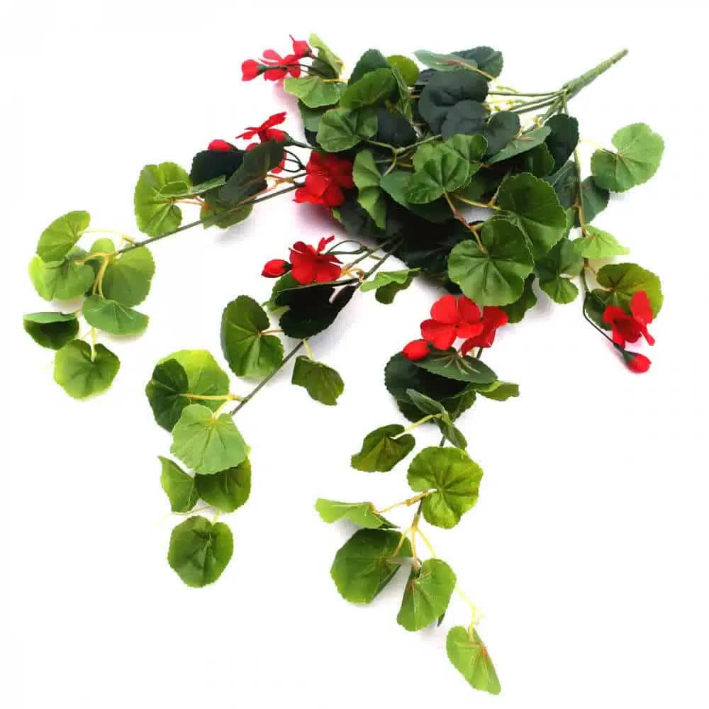 Designer Plants Artificial Geranium Hanging Bush with Red Flowers 60cm - UV Resistant, Low Maintenance