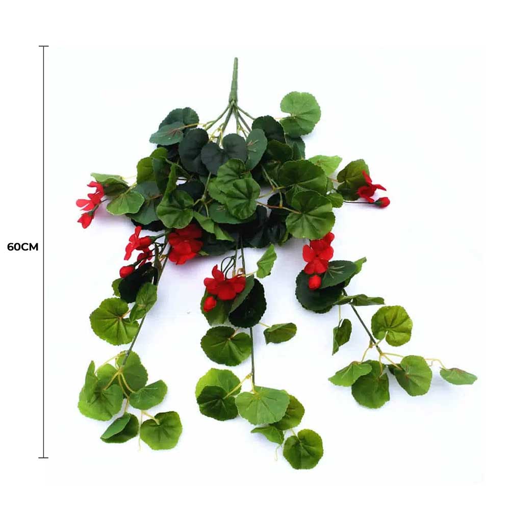 Designer Plants Artificial Geranium Hanging Bush with Red Flowers 60cm - UV Resistant, Low Maintenance