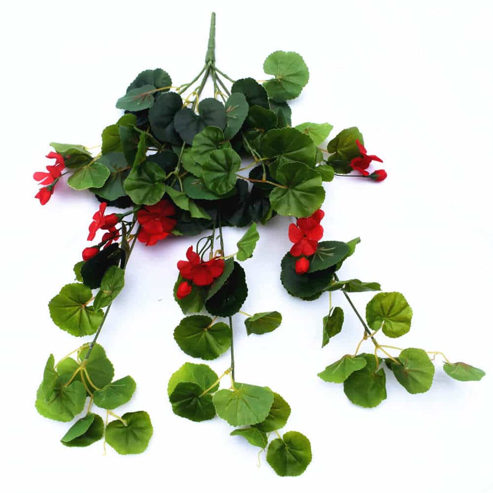 Designer Plants Artificial Geranium Hanging Bush with Red Flowers 60cm - UV Resistant, Low Maintenance