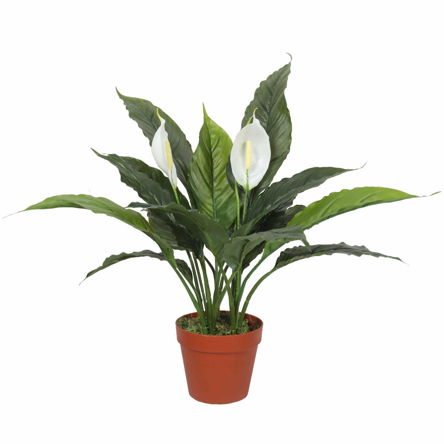 Artificial Spathiphyllum Peace Lily Plant 60cm with White Flowers in Orange Pot - SuperSaverAU - view 1