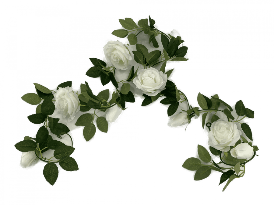 Artificial White Rose Garland 190cm - Faux Roses with Green Leaves, Indoor Decor - SuperSaverAU - view 1