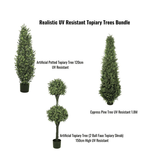 Realistic UV Resistant Topiary Trees Bundle - 120cm Potted, 150cm 2 Ball, 1.8m Cypress Pine