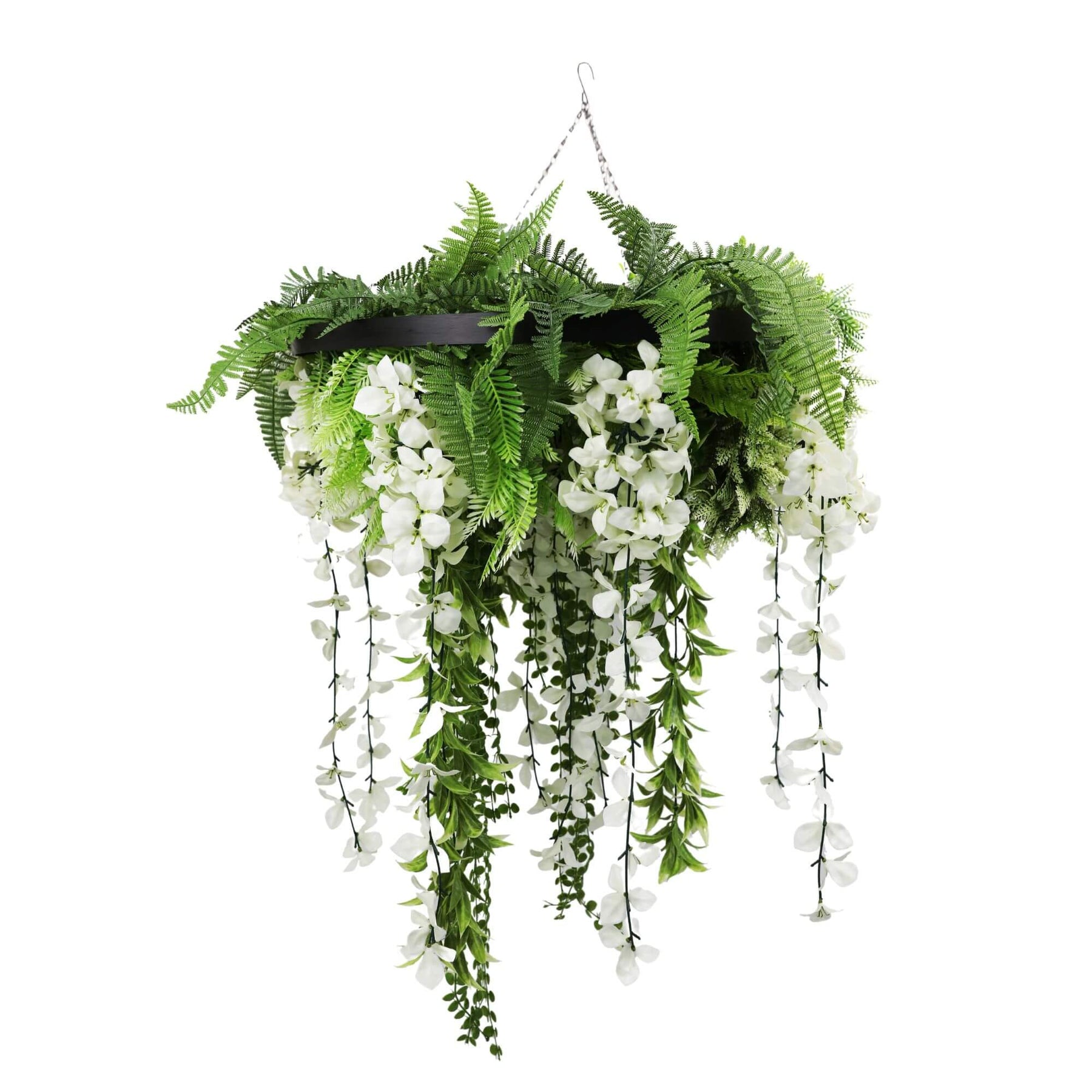 Black Framed 60cm Faux Flowering Hanging Disc with UV Resistant Wisteria Flowers - SuperSaverAU - view 1