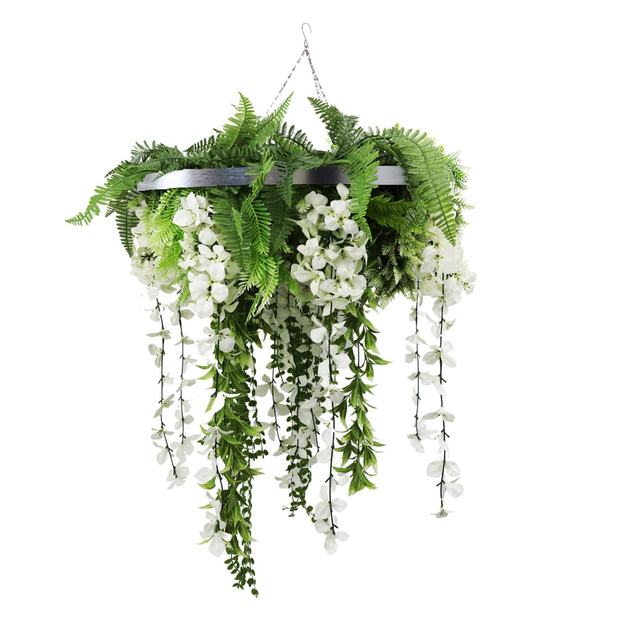 Silver Framed Roof Hanging Disc 60cm with UV Resistant Draping Wisteria Flowers - SuperSaverAU - view 1