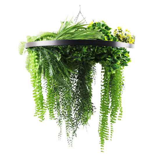 Luxe 80cm Hanging Green Wall Disc | UV-Resistant Black Frame with Ferns