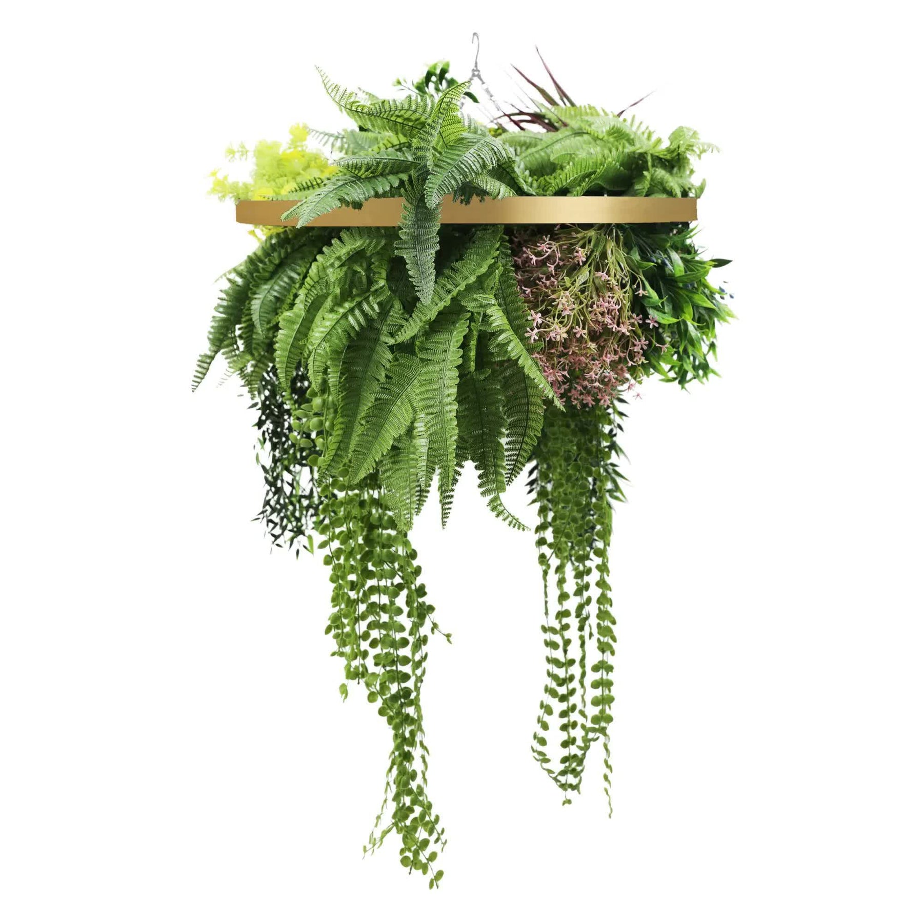 Gold Framed Hanging Disc 60cm with Tropical Foliage & Draping Ferns, UV Resistant - SuperSaverAU - view 1
