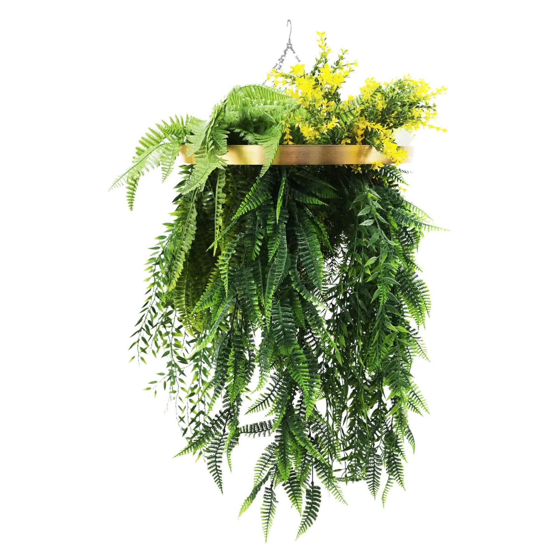 Gold Framed Hanging Disc 40cm with Tropical Foliage & UV-Resistant Ferns - SuperSaverAU - view 1