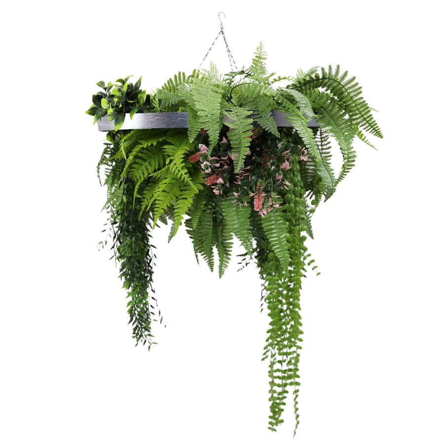 Silver Framed Roof Hanging Disc 60cm - UV Resistant with Life-Like Ferns & Pink Accents - SuperSaverAU - view 1