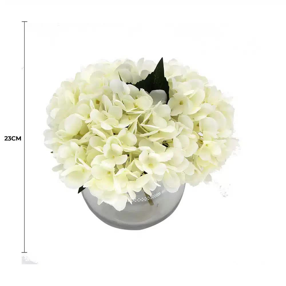 Premium Faux Hydrangea with Glass Vase, 23cm, White Petals, Indoor Decor - SuperSaverAU - view 1
