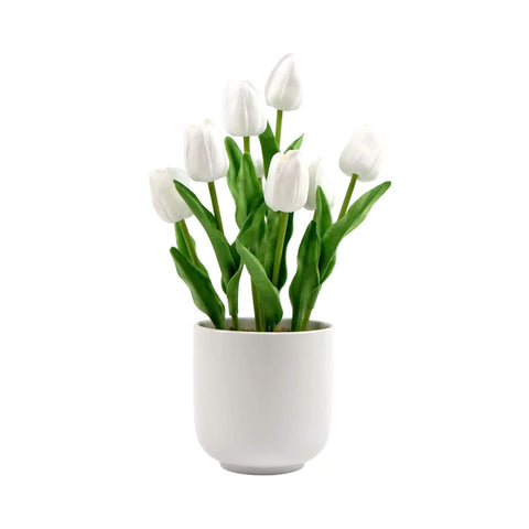 Artificial Flowering White Tulip Arrangement 35cm in Ceramic Bowl - Indoor Use - SuperSaverAU - view 1