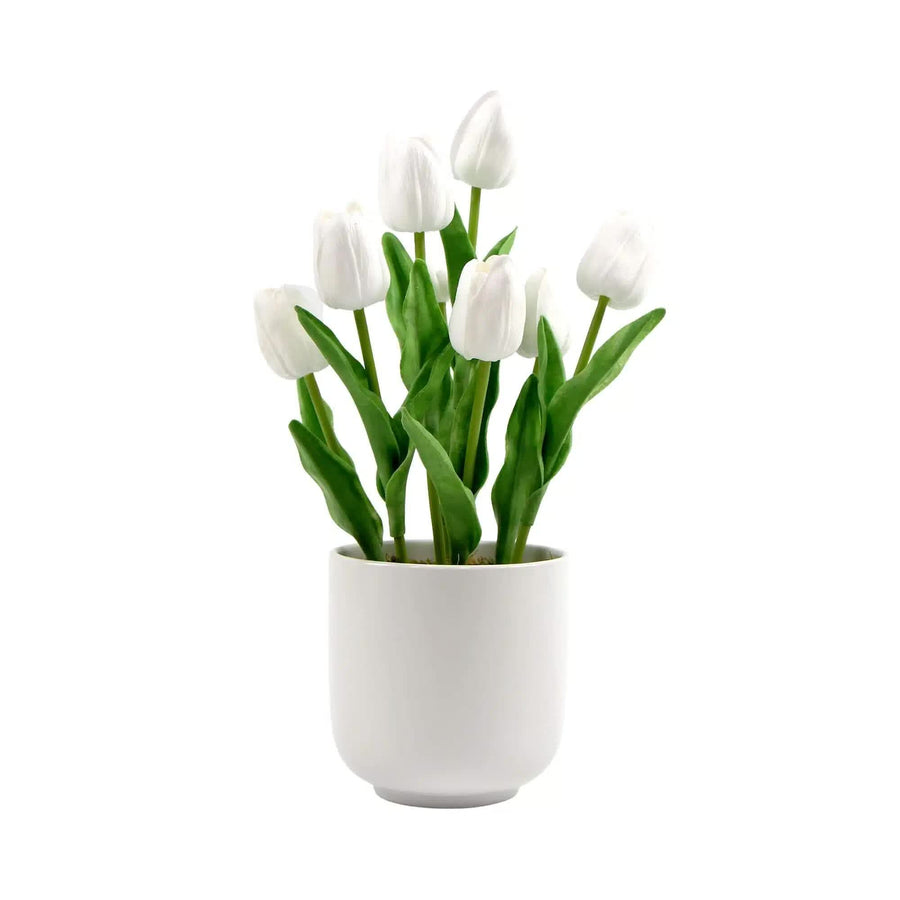 Artificial Flowering White Tulip Arrangement 35cm in Ceramic Bowl - Indoor Use - SuperSaverAU - view 1