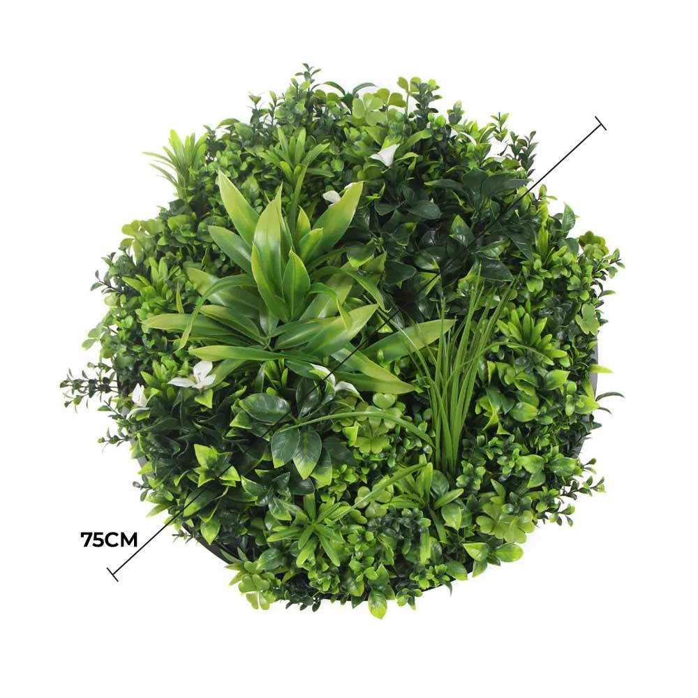 Flowering White Artificial Green Wall Disc 75cm UV Resistant Black Frame