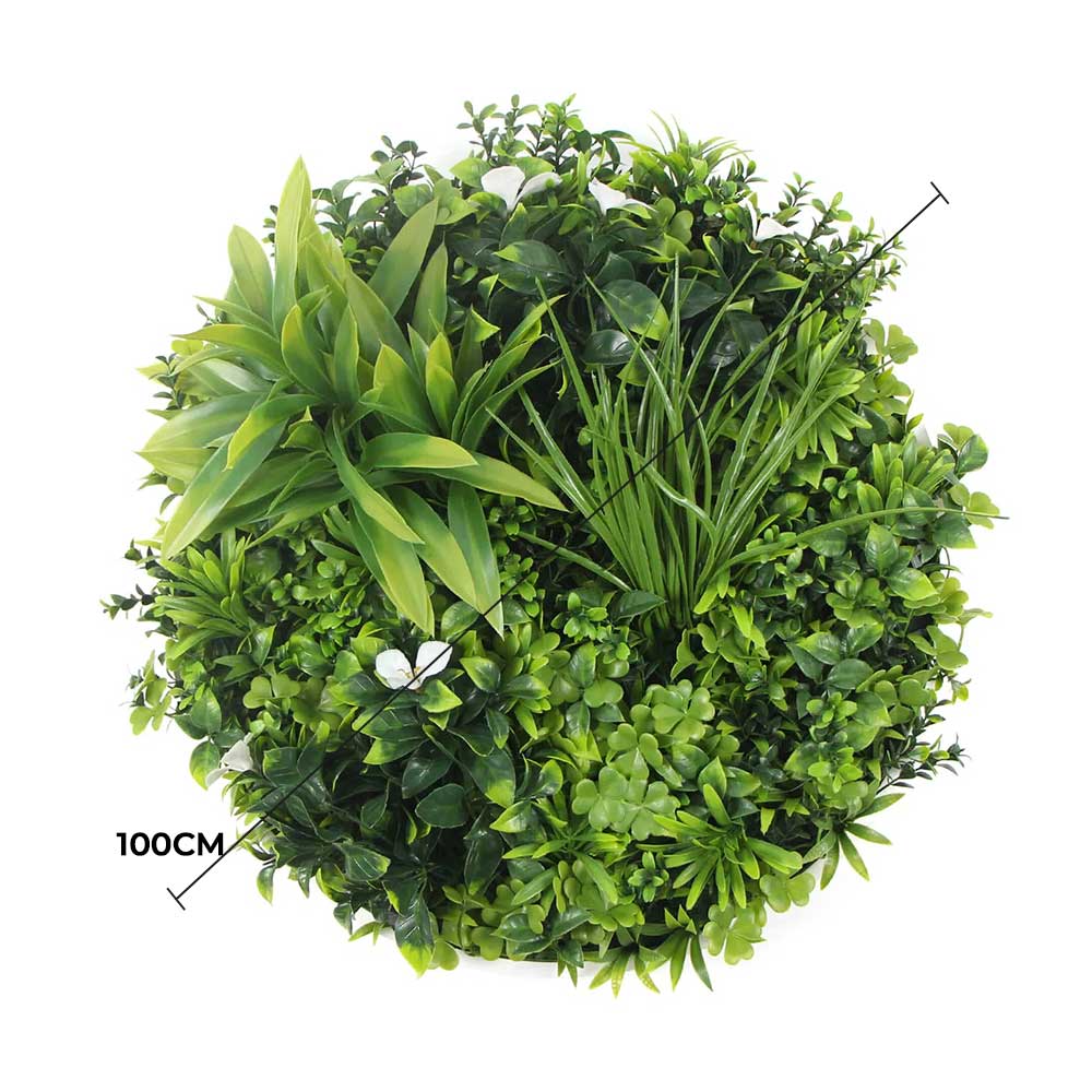 Large Flowering White Artificial Green Wall Disc 100cm UV Resistant White Frame - SuperSaverAU - view 2