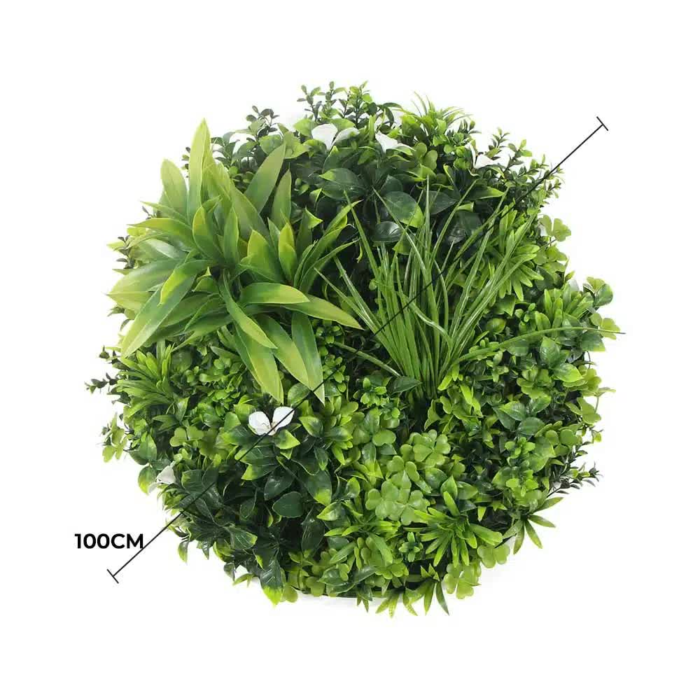 Large Flowering White Artificial Green Wall Disc 100cm UV Resistant Black Frame - SuperSaverAU - view 2