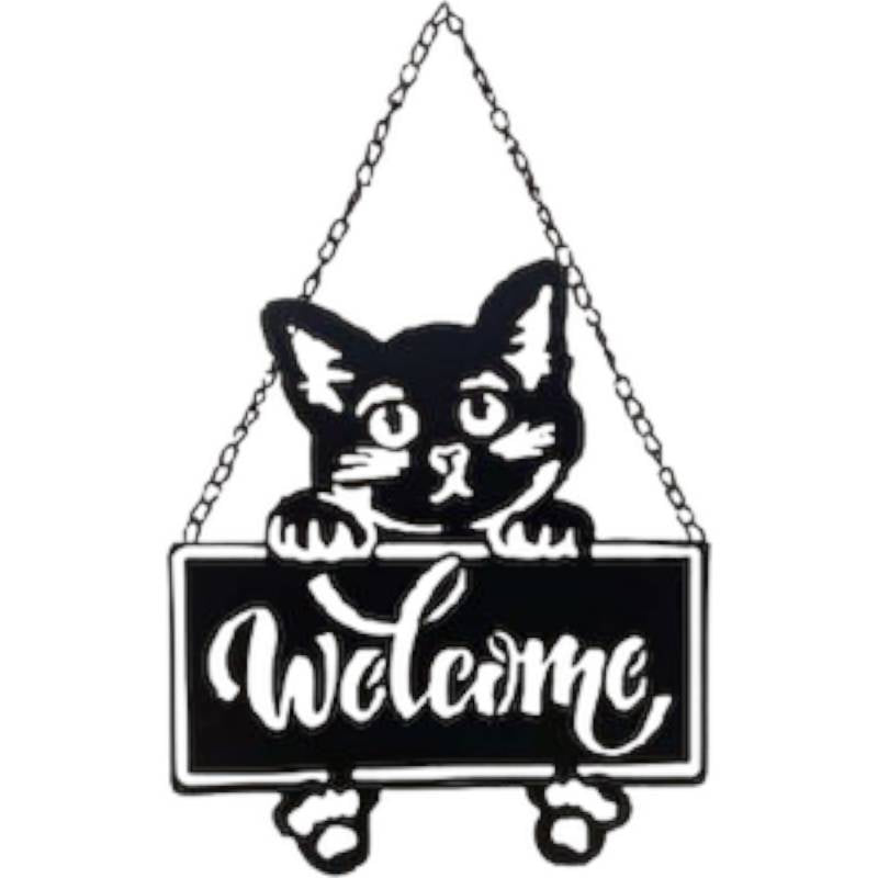 Welcome Cat Metal Sign Wall Art Decor 27x33cm Black