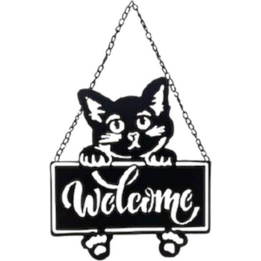 Welcome Cat Metal Sign Wall Art Decor 27x33cm Black