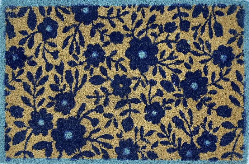 Blue Floral Doormat: Durable Coconut Fibre Mat 60cm