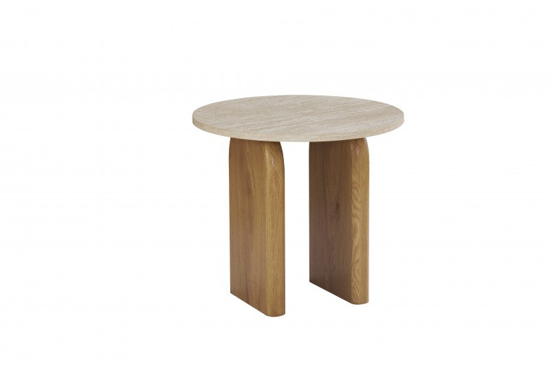 Premium Signor 55cm Travertine Top Side Table with Oak Colour Base