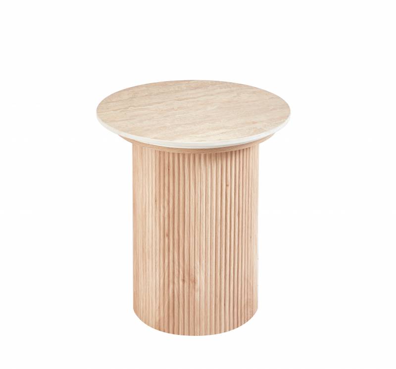 Elodie Side Table, MDF & Ceramic Top, Travertine & Wooden Base, 45x45x50 cm