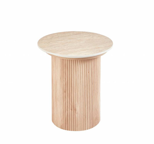 Elodie Side Table, MDF & Ceramic Top, Travertine & Wooden Base, 45x45x50 cm