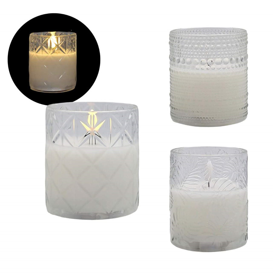 Patterned Glass Jar LED Candle Assort - 12 Pack, 10cm, Clear, Relaxing Glow - SuperSaverAU - view 1