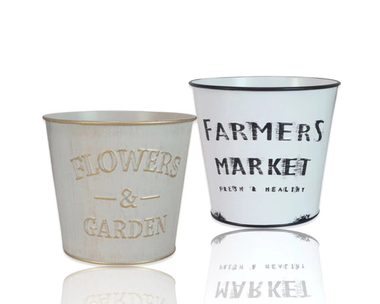 Set of 2 Farmers Market Round Metal Planters - 14cm