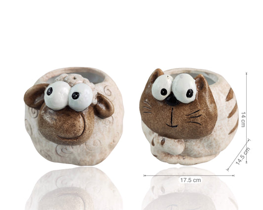 Set 2 Ceramic Sheep & Cat Planter 15cm