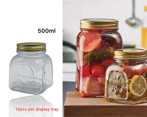 Glass Square Jar 500ml with Gold Metal Lid - Set of 36, Vintage Style - SuperSaverAU - view 1