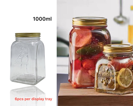 bulk 18 Glass Square Jar w Gold Metal Lid 1000ml