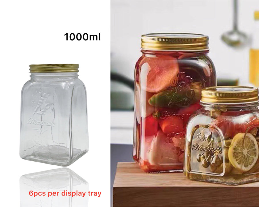 18 Glass Square Jars with Gold Metal Lid, 1000ml - Vintage Provincial Style - SuperSaverAU - view 1