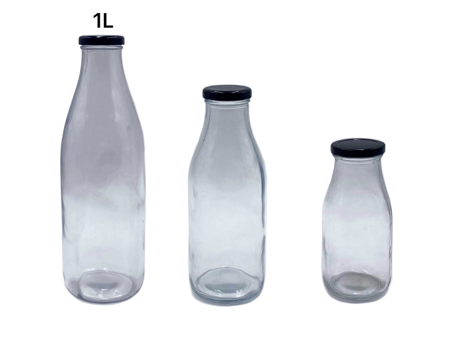 V637 Glass Milk Bottle Set - 12 x 1L, Clear with Gold Lid, Vintage Style - SuperSaverAU - view 1