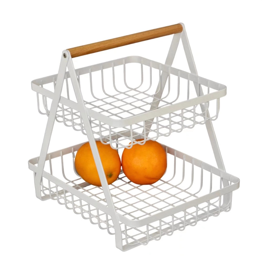 V637 2 Tier Rectangle Fruit Basket, 30cm, Metal & Wood, White/Natural - SuperSaverAU - view 1