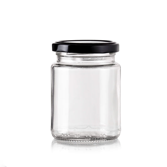 Clear Glass Jar with Black Lid 200ml - 48 Pack