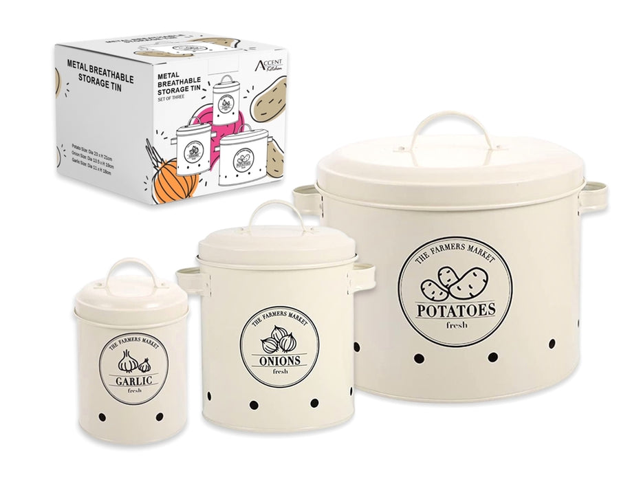 Set 3 Metal Breathable Storage Tin Food Container, Cream, 23cm, Vintage Style - SuperSaverAU - view 1
