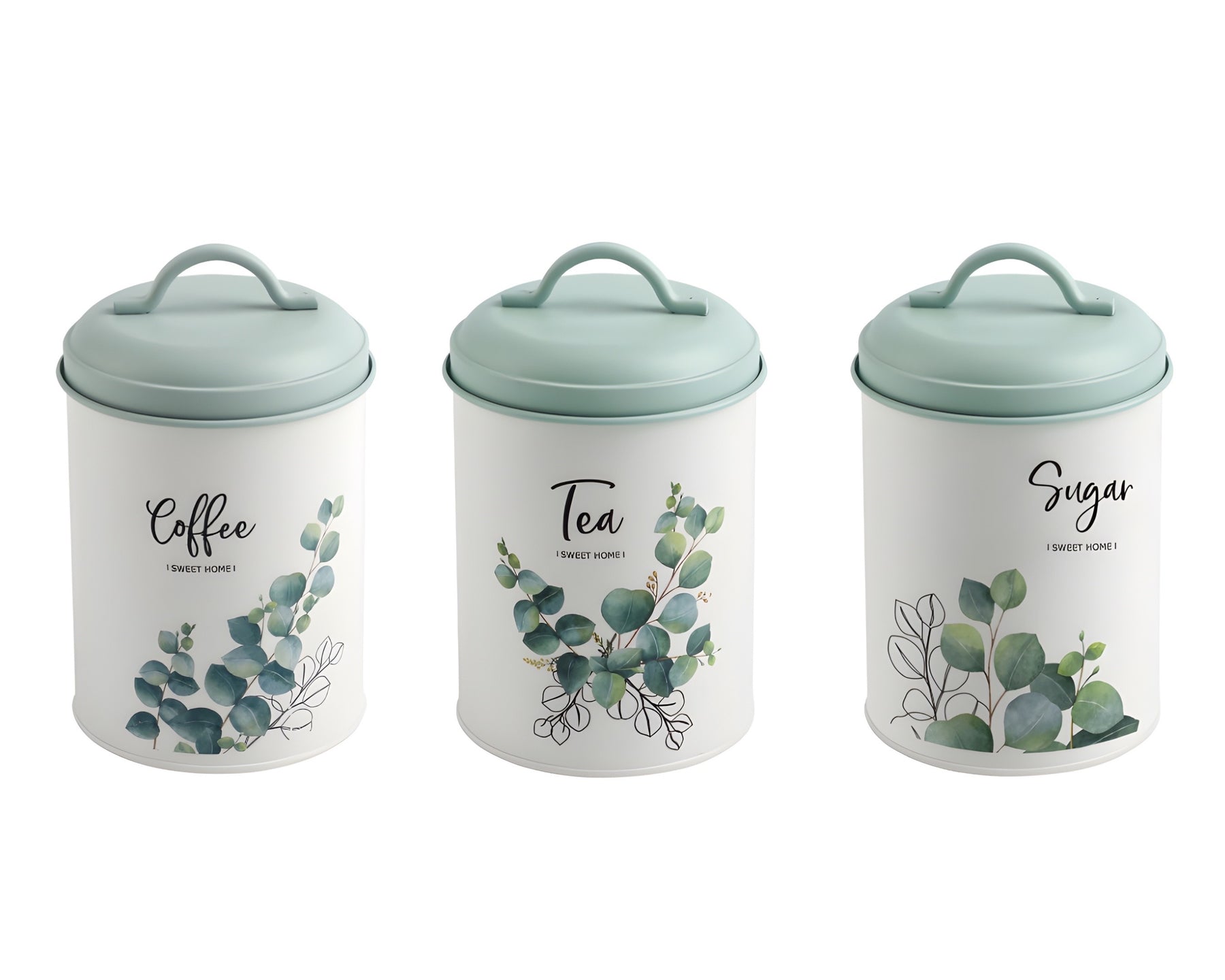 Eucalyptus Metal Coffee Tea Sugar Storage Tins Set of 3, 11x18cm, Turquoise - SuperSaverAU - view 1