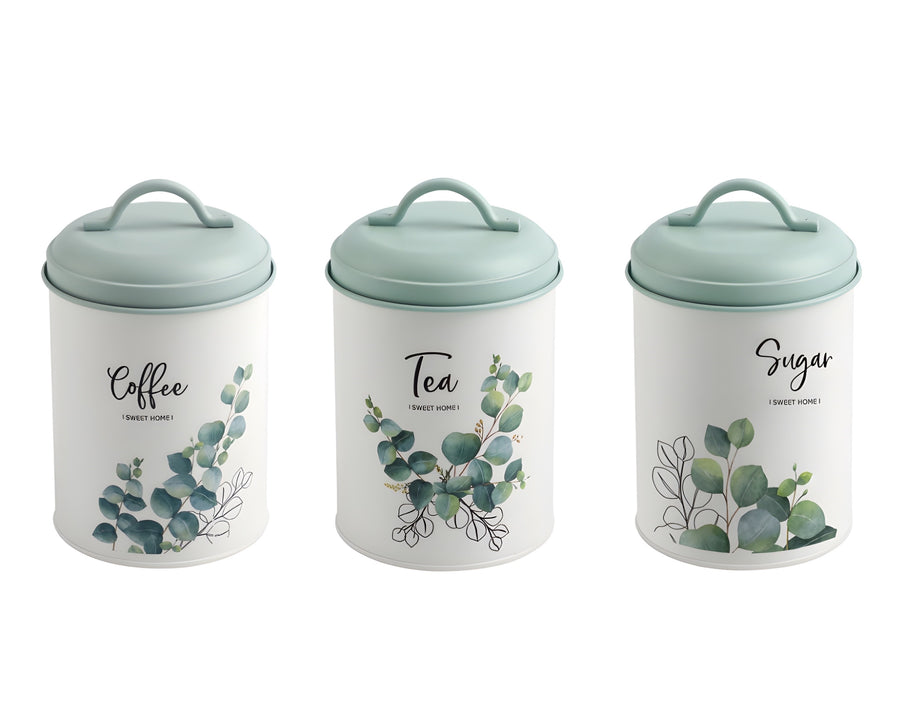 Eucalyptus Metal Coffee Tea Sugar Storage Tins Set of 3, 11x18cm, Turquoise - SuperSaverAU - view 1