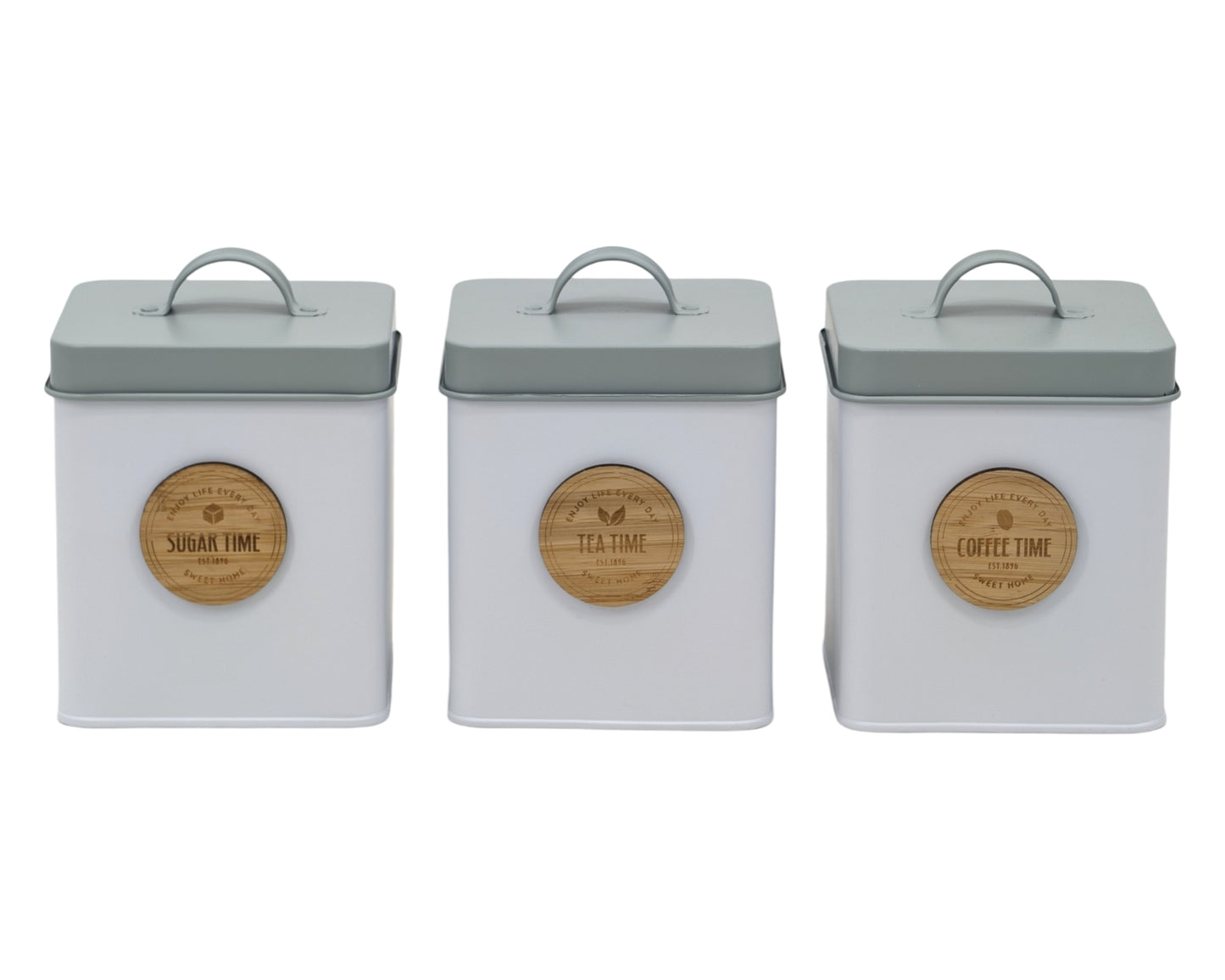 Set 3 Metal Kitchen Storage Tin Sugar Tea Coffee 14x14x18cm Multi Colour