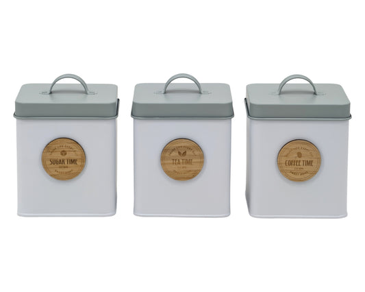 Set 3 Metal Kitchen Storage Tin Sugar Tea Coffee 14x14x18cm Multi Colour