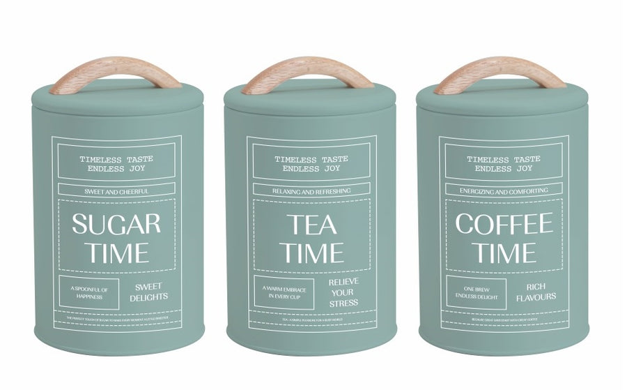 Premium Sage Green Metal Coffee Tea Sugar Tins – Set of 3