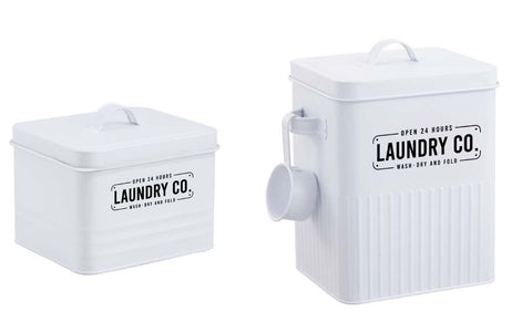 Set 2 Metal Laundry Powder Storage Buckets, White, 18x25cm, Metal & Wood Handle - SuperSaverAU - view 1