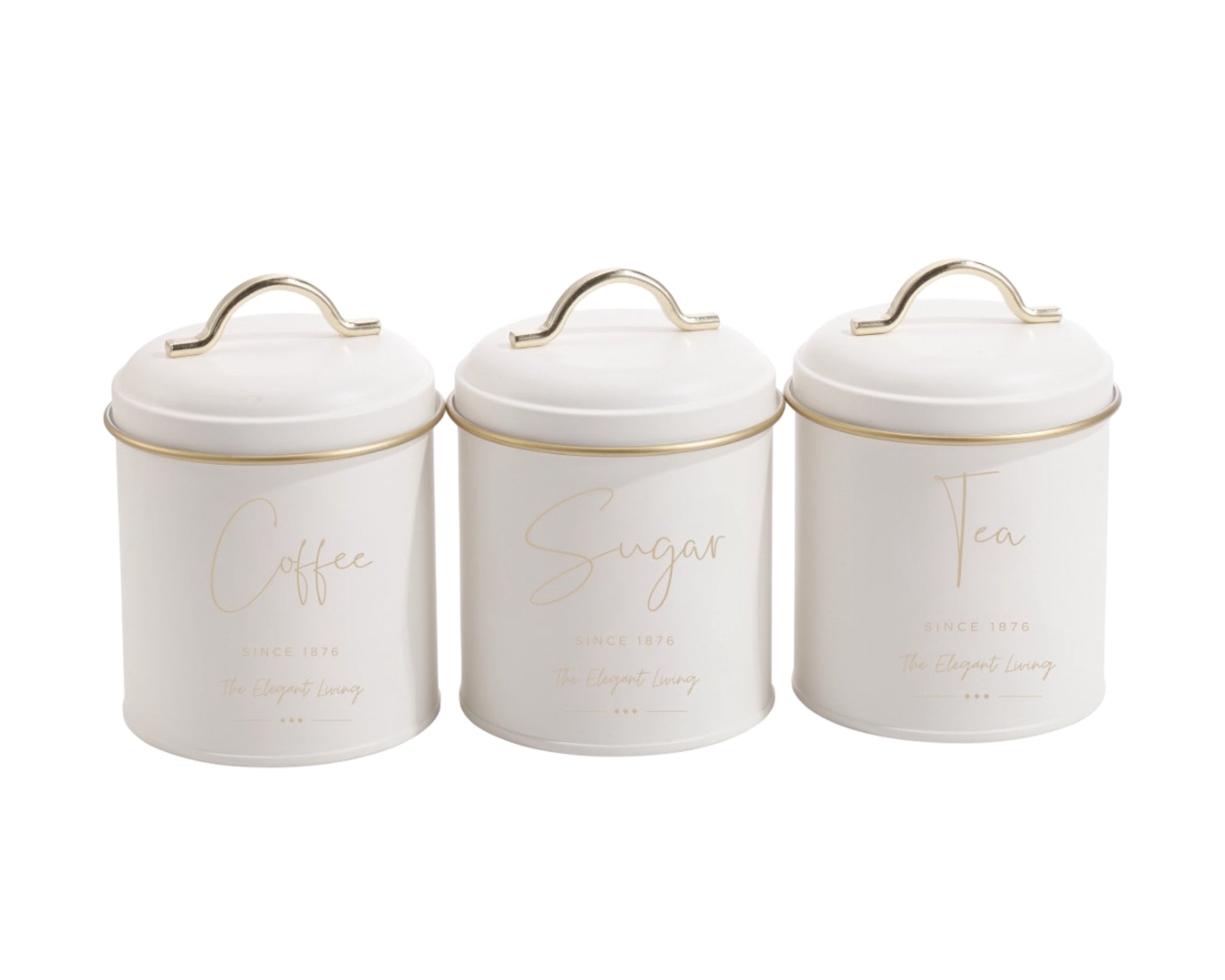 Set of 3 White Metal Coffee Sugar Tea Canisters 16cm Kitchen Storage