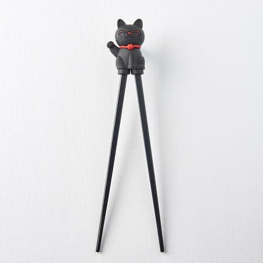 Premium Maneki Lucky Cat Trainer Chopsticks Dishwasher Safe - Black