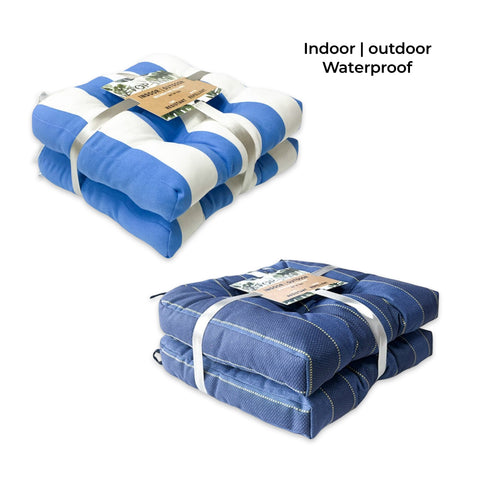 Blue Stripe Cushion Set 2 Indoor Outdoor Chair Pad 40cm - Polyester, PU Coat - SuperSaverAU - view 1