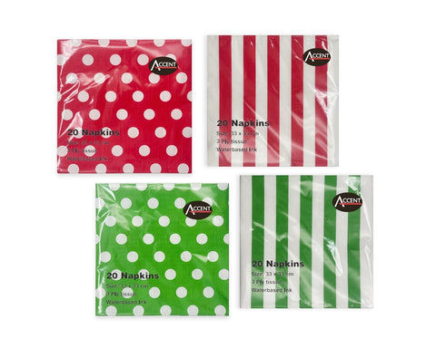 bulk 960 Red & Green Dots Stripes 2ply Napkin 33cm - SuperSaverAU - view 1