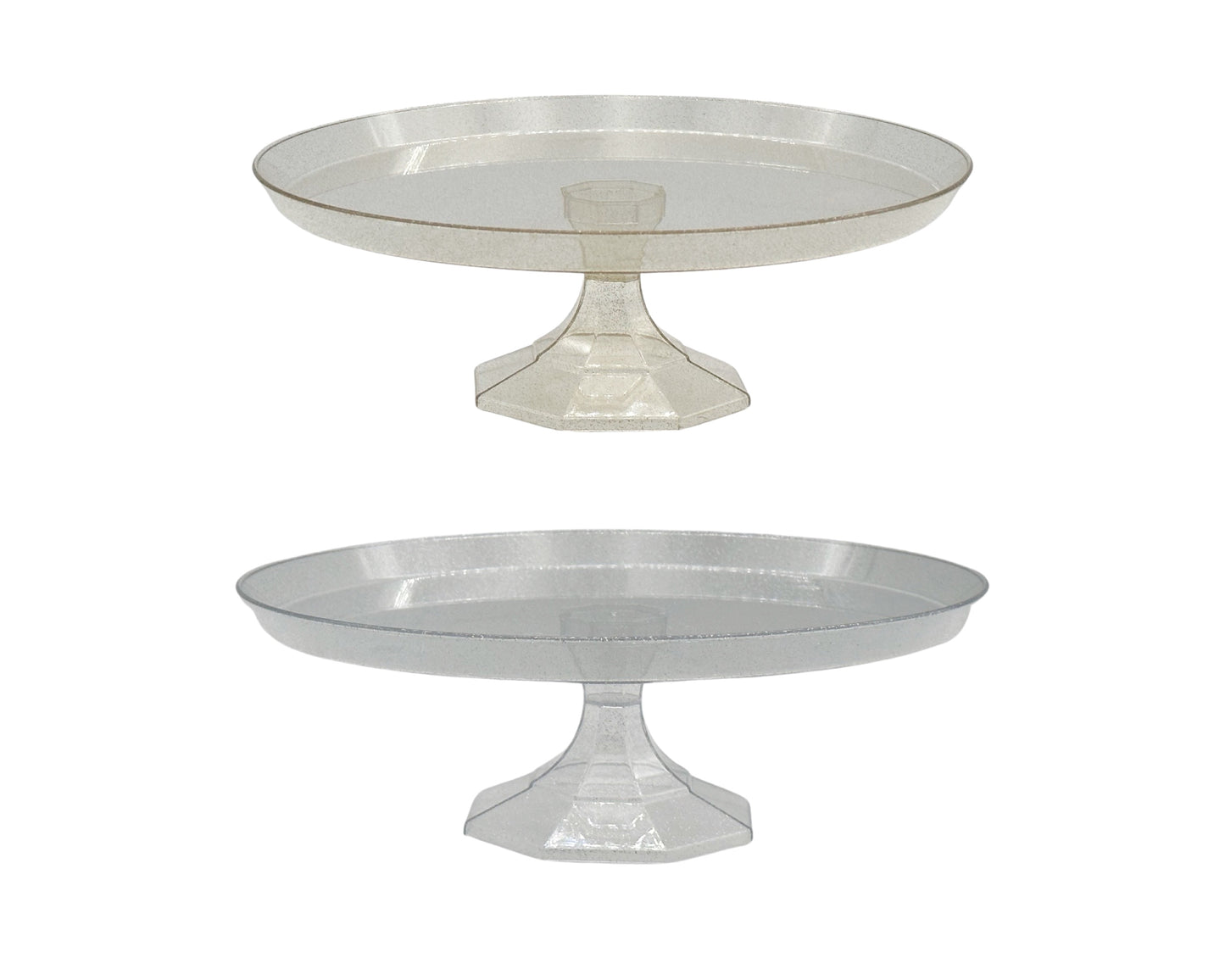 24 Glitter Plastic Cake Stands - 26x5cm Clear