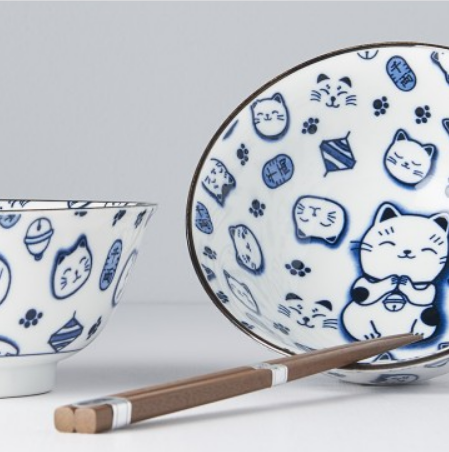 Premium Maneki Cat Bowl Set with Chopsticks Dishwasher Safe - Blue, 2pcs 400ml
