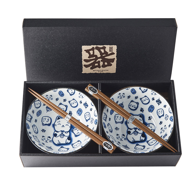 Premium Maneki Cat Bowl Set with Chopsticks Dishwasher Safe - Blue, 2pcs 400ml