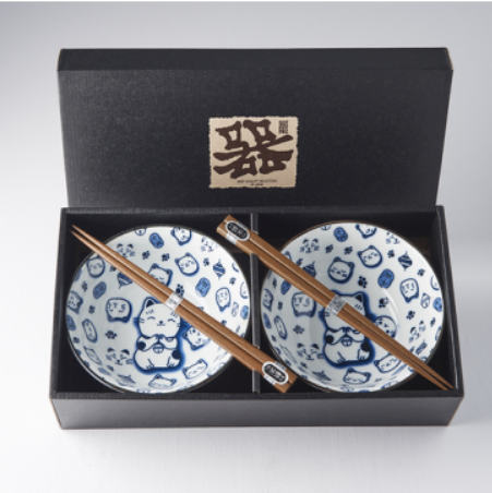 Premium Maneki Cat Bowl Set with Chopsticks Dishwasher Safe - Blue, 2pcs 400ml