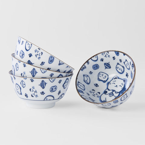 Premium Maneki Cat Ceramic Bowl Set Dishwasher Safe - Blue, 4pcs 350ml