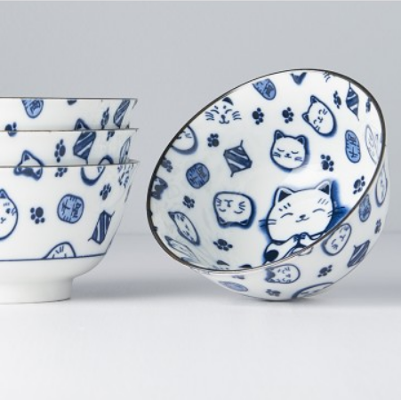 Premium Maneki Cat Ceramic Bowl Set Dishwasher Safe - Blue, 4pcs 350ml